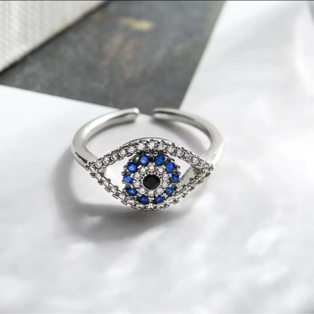 NEW! Trendy Silver Evil Eye Ring with Blue CZ – Lucky Jewelry  🧿 A8-267
